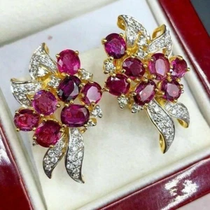 3Ct Oval Cut Lab Created Red Ruby Omega-Back Hoop Earrings 14k White Gold Plated - Picture 1 of 4