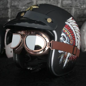 Retro Motorcycle Helmet Open Face w/Pilot Goggles Unisex Scooter Leather Helmet - Picture 1 of 12