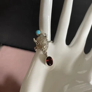 Sterling Silver Diamond Cut Bull Head Ring with Two Stones Turquoise Garnet - Picture 1 of 5