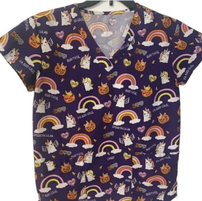 Unicorn Halloween Rainbow Scrub Top - Purple Candy Corn Boo |   XS - Image 1 of 4