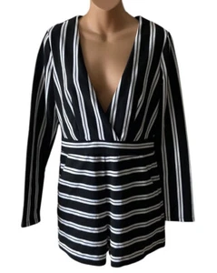 Silence + Noise Striped Knit Romper Pockets Plunge Neckline Size M NWOT - Picture 1 of 5