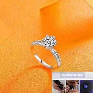 1CT Round Cut Moissanite Real 925 Sterling Silver Wedding Promise Solitaire Ring - Picture 1 of 8