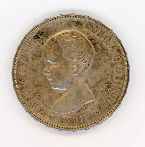 Spain España Alfonso XIII 5 Pesetas 1891 *18 91 PG M KM 689 Silver - Picture 1 of 3