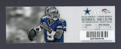TONY ROMO 506 YARDS - 2013 NFL BRONCOS @ DALLAS COWBOYS FULL FOOTBALL TICKET Cover