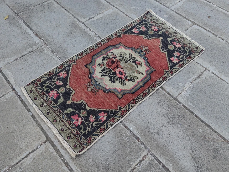 Vintage Turkish Small Rug 1.7x3.4 ft | Floral Medallion Mat - Image 1 of 4