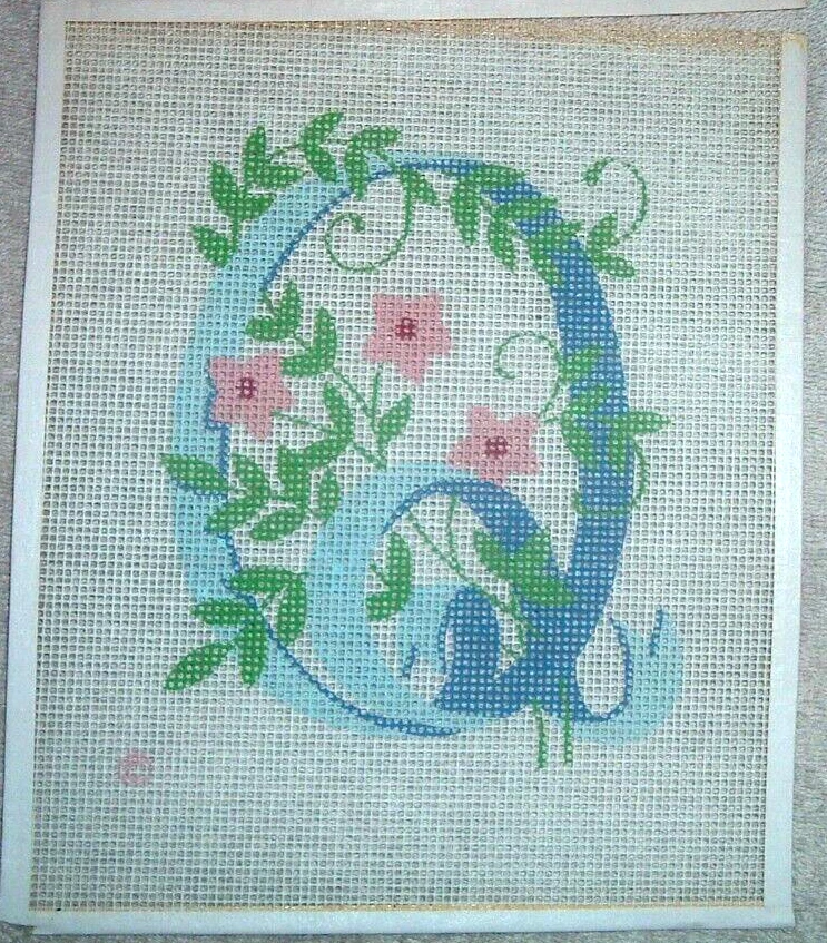 Floral Monogram Letter "Q" Vintage Needlepoint Canvas - Image 1 of 1