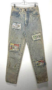 Pantalones de mezclilla Last Exit de colección 27x30” para mujer tiro alto lavado ácido parche gráfico años 80 grunge - Imagen 1 de 10