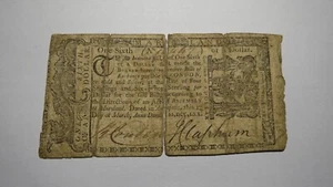1770 $1/6 Maryland MD Colonial Currency Bank Note Bill RARE One Sixth Dollar! - Picture 1 of 3