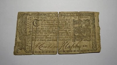 1770 $1/6 Maryland MD Colonial Currency Bank Note Bill RARE One Sixth Dollar! - Image 1 of 3