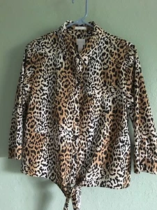 Chico’s Animal Print 3/4 Sleeve No-iron Button And Tie Front Shirt Sz 1 S-M - Picture 1 of 3