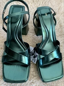 ZARA GREEN BLOCK HEEL PLATFORM SANDALS SLIPPERS ANKLE STRAPS MULES SIZE:EU42 UK9 - Picture 1 of 11
