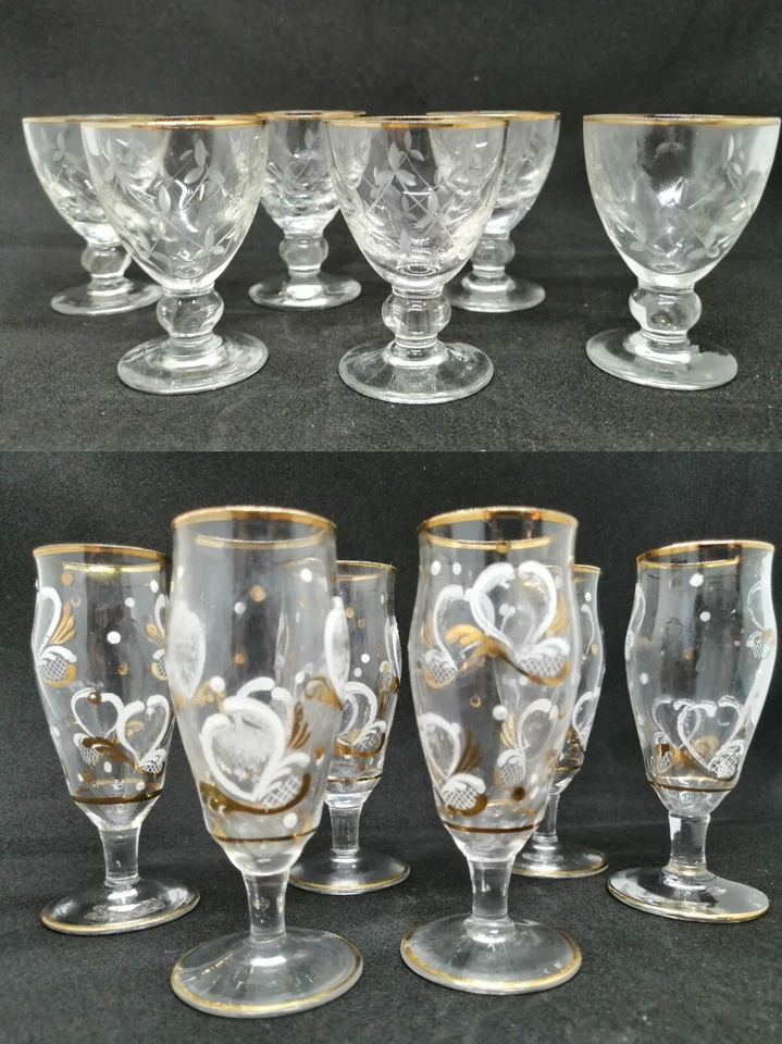 VINTAGE 2 SET OF 6 OLD Glasses LIQUOR WINE SHOTS CUPS golden lines & decorated - Image 1 of 4