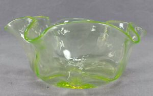 Victorian Hand Blown Yellow Green Ruffled Vaseline Glass Finger Bowl C1880-1890s