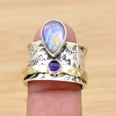 Anillo Piedra Lunar, Anillo de Plata de Ley 925, Anillo Giratorio Hecho a Mano Amatista Mujer Foto 1 de 4