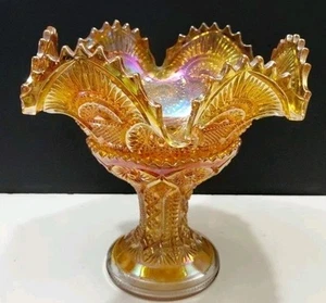 Vintage Imperial Glass Marigold Carnival Orange Iridescent Pedestal Flare Bowl.  - Picture 1 of 10