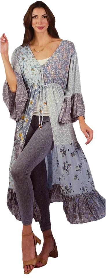 Nuevo con etiquetas HILOS SAGRADOS parche boho floral hippie rayón TOP CÁRDIGAN CHAQUETA PLUMERO XL Foto 1 de 4