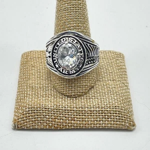 United States Army Military Ring Mens Size 12 Silver Tone Large Clear Stone Flag - Picture 1 of 5