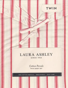 Laura Ashley Twin Sheet Set Symphony Stripe Red 4pc Farmhouse Cottage Holiday - Picture 1 of 4