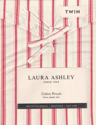 Laura Ashley Twin Sheet Set Symphony Stripe Red 4pc Farmhouse Cottage Holiday - Image 1 of 4