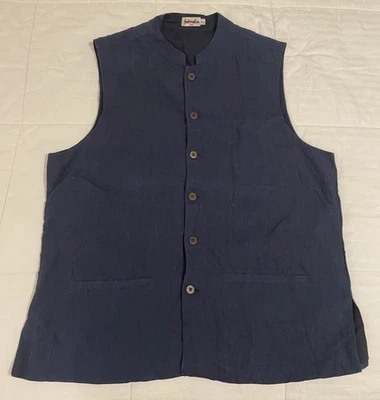 Fabindia Vest Mens 44 Blue Nehru Collar Waistcoat Button Front Linen Pockets - Image 1 of 4