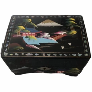 VINTAGE JAPANESE JEWELRY BOX - 1940’s Black Lacquer Abalone Inlay Music Box - Picture 1 of 7
