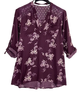 Women's Size L Jolt Floral Blouse Crochet Lace Trim 3/4 Length Sleeve Floral - Picture 1 of 10