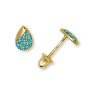 14K Solid Yellow Gold Teardrop Screw Back Stud Earrings with Shiny CZ Stones - Picture 1 of 7