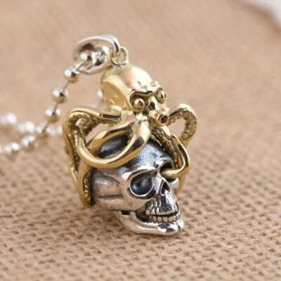 Herren Skull Schädel Krake Anhänger - 925 Sterling Silber &Messing Schmuck A2044 - Bild 1 von 4