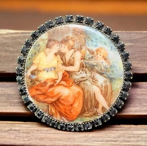 Vintage PORZELLAN BROSCHE SCHWARZ STRASS "COURTING COUPLE" - viktorianischer Stil - Bild 1 von 4