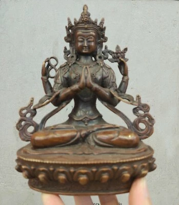 Buddhism old Handcarved bronze statue Buddha Four-armed Guanyin Wish U Wealth8"  - Image 1 of 4