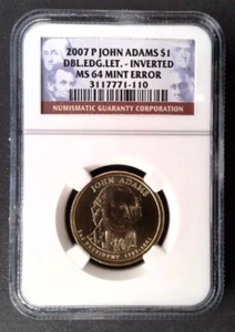 2007-P John Adams Pres. Dollar- NGC MS64 - Mint Error - Dbl Edg Let - Inverted - Picture 1 of 14