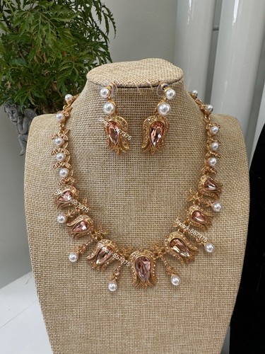 Set orecchini collana tulipano Oscar De La Renta tono oro cristallo rosa e perle finte