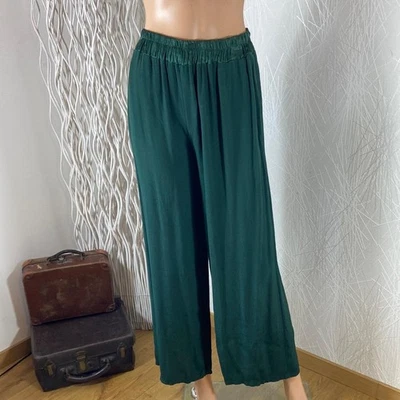 Pantalon fluide uni femme taille élastique jambes larges Made In Italy - TU Vert - Photo 1/4