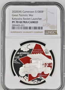 1000 FRANCS 2020 CAMEROON VICTORY WEAPON KATYUSHA SILVER PROOF NGC PF70 - Picture 1 of 4
