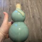 Dohkan Japanese Saki Bottle Empty Gourd Shaped Vase Green Drip Glaze 8 3 4