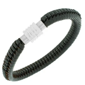 Stainless Steel Brown Black Leather White Gold Silver Tone Wristband Bracelet - Picture 1 of 3