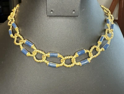 Vintage Anne Klein Chunky Chain Gold-tone Blue Enamel Necklace 17-18” New w Tags - Image 1 of 4