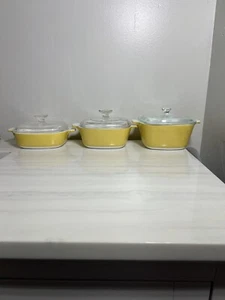 Vintage Yellow Corningware Dishes With Lids Set Of 3 - Picture 1 of 22