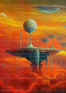 Retro Futuristic Cityscape Art Print, Floating Sci-Fi Architecture Surreal A15 - Picture 1 of 1