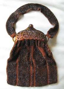 Antique Art Deco Bakelite Frame Rust Orange Knit Iridescent Brown Bead Purse - Picture 1 of 17
