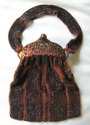 Antique Art Deco Bakelite Frame Rust Orange Knit Iridescent Brown Bead Purse - Image 1 of 4