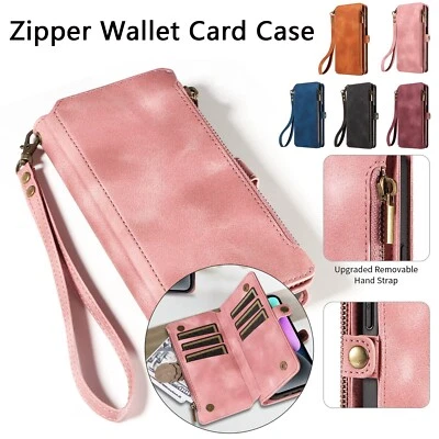 Leather Case Cover With Card Wallet For iPhone 16 Pro Max 15 14 13 Strap Zipper - Image 1 of 4