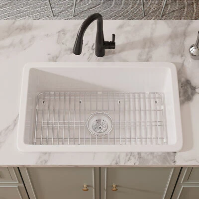 Eridanus 32 Inch Drop-in/Undermount Fireclay White Kitchen Sink w/ Grid Strainer