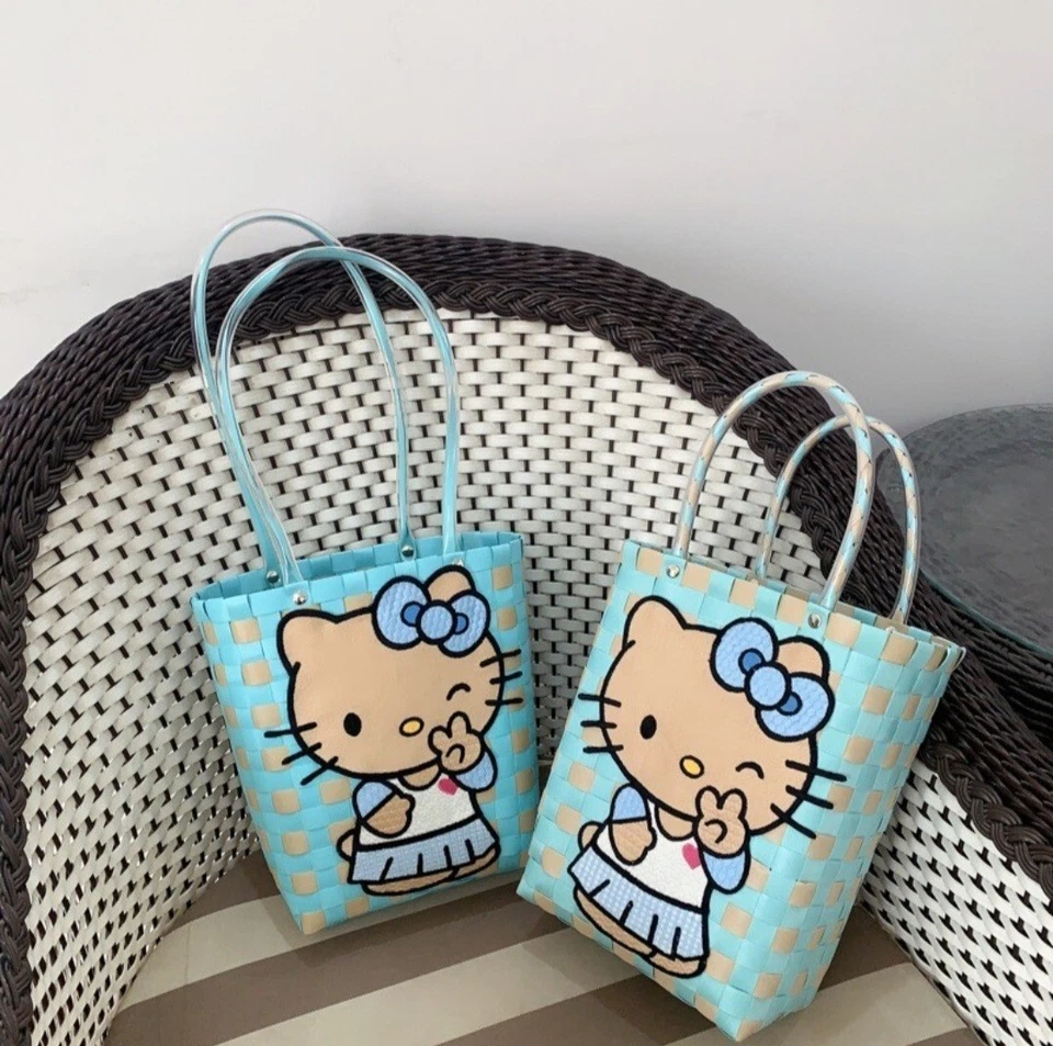 Lindo Bolso Tejido Azul Hello Kitty Bordado Bolso de Hombro Playa Vacaciones Bolso Foto 1 de 4