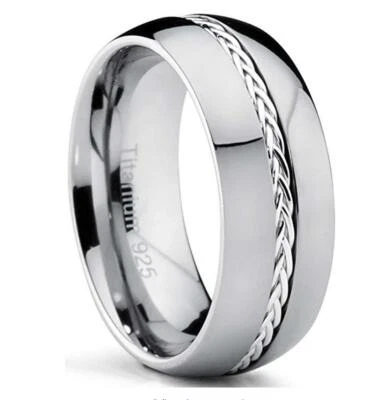 8mm Men sTitanium .925 Sterling Silver Braided Inlay Wedding Band Ring - Image 1 of 2