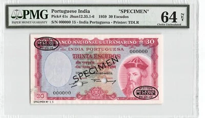 Portuguese India 30  Escudos  2.1.1959  Specimen #15 PMG 64 Choice Uncirculated - Image 1 of 2