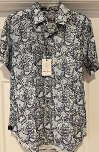 NWT Robert Graham Linen Blend Short Sleeve Shirt Mens Small Blue Skull Print - Picture 1 of 10