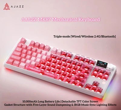 AJAZZ MK87 Mechanical Keyboard with Triple-Mode & Hot-Swappable Keys (Pink) - Image 1 of 4