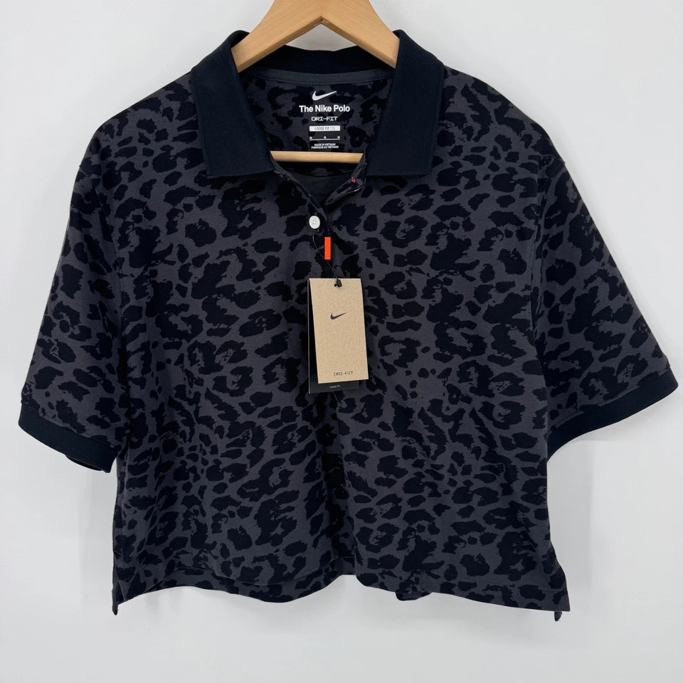 Camisa polo de golfe Nike feminina M estampa de leopardo Dri-FIT preta cinza DA3315-070 - Imagem 1 de 4
