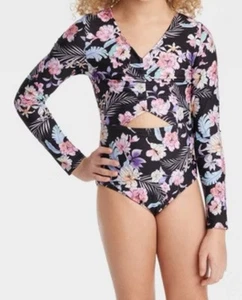 New Art Class Girls Large 10/12 Keyhole Front Long Sleeve Floral 1PC Swimsuit - Picture 1 of 11